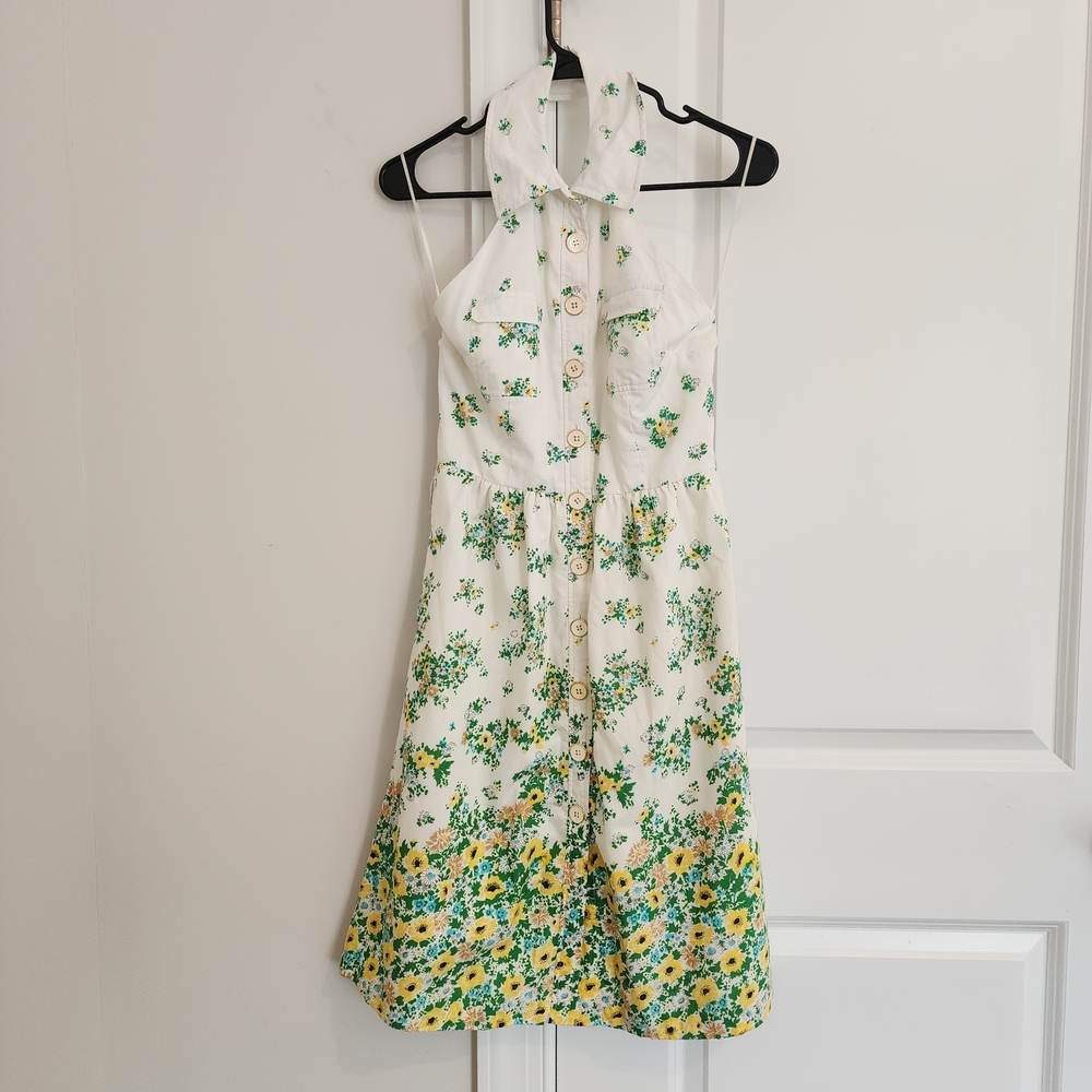 NWT Tibi White and Green Floral Button Down Front Collared Halter Dress. Size 2